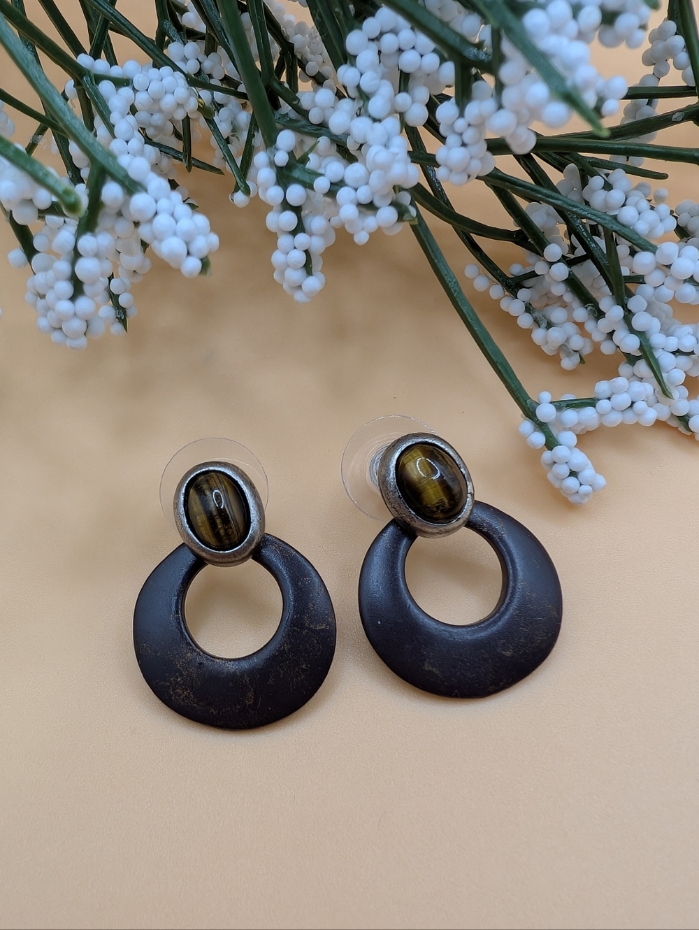 Chico's Dark Brown Hoop Drop Earrings with Tiger Eye Accent NWT